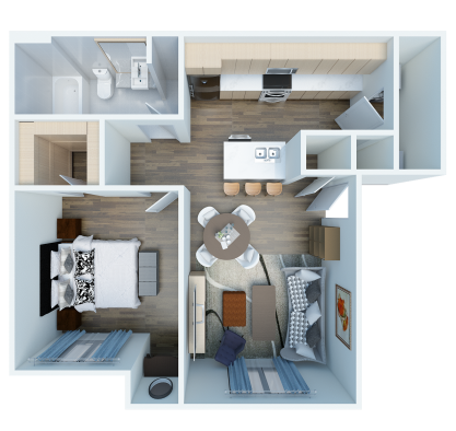 a 3d rendering of a two bedroom apartment at The Panr Hollow