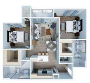 a 3d rendering of a two bedroom apartment at The Panr Hollow